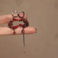 Gothic crescent moon earrings with red gemstone and asymmetrical metal chain tassels - Gun Black Red C-Shape Ear Buckle (13#)