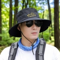 Men's black wide-brim boonie hat with breathable mesh and adjustable chin strap - Embroidered Mountain Black No Buckle