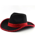 Schwarzer Cowboyhut aus Wolle mit rotem Band und Ziernaht für Damen und Herren - M (56-58cm) / Schwarz (Rote Peitschennaht)