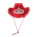 Sombrero vaquero rojo con tiara plateada, gemas de colores y ribete de plumas suaves - Adulto 58CM / Rojo Pluma con Oropel Plateado