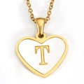 Golden heart pendant necklace featuring white shell inlay and letter T detail - Letter T - Gold Heart White Shell