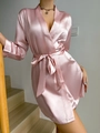 Pink satin women's bathrobe with silky V-neck design and matching waist tie belt - S / Pink