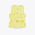Chic yellow tweed sleeveless vest with metallic gold buttons and matching waist belt - XS / Yellow