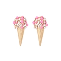 Cute ice cream stud earrings with pink resin beads, faux pearls and crystals in gold cones - Pink