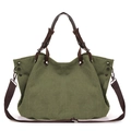 Bolso tote de lona verde con asas de cuero marrón y correa de hombro ajustable - Verde