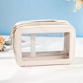Beige double-layer transparent PU makeup bag with golden zippers and carrying handle - Double Layer / Off White