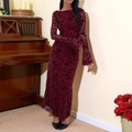 Elegant wine red velvet long sleeve maxi dress with vintage floral patterns and slim fit - S / Burgundy