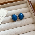 Detalle macro de pendientes de botón ovalados azul oscuro con marco de plata mate - Óvalo Azul