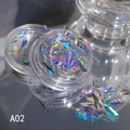 Vista macro di scaglie glitter olografiche aurora argento per unghie in barattolo A02 - A-02 (Foglio Olografico Argento)