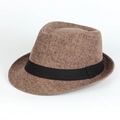 Close-up of the textured brown linen fabric and black ribbon band on the trilby hat - Adjustable / Coffee