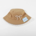 Kids khaki bucket hat featuring white lace trim and a decorative pearl bow detail - CM8005 Pearl Lace Series / Khaki