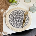 Bohemian beige cotton linen round placemat with dark grey mandala print and tassels - Bohemian Style No.1 Placemat (Beige Dark Grey Mandala)