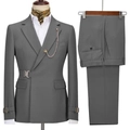 Detail of grey double-breasted business suit set with a decorative metal chain accessory - XXS / Gray