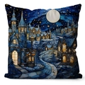 Funda de cojín estilo vitral con muñeco de nieve y estampado de pueblo estrellado - Castillo Estrellado Vidriera