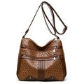 Crossbody bag in dark brown woven faux leather with multiple functional front zippers - Brown
