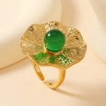 Adjustable golden ring with lotus leaf texture and green bead inlay for women - 8 / Stamping Flower + Green Gemstone