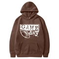 Brown American football hoodie with Game Day print and front kangaroo pocket - S / Tops / Brown