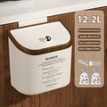 Detail of 12.2L cream hanging kitchen bin with wood grain trim and diamond handle - Pearl White