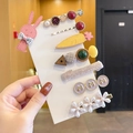 7-piece cute Korean pearl hair clip set with pink rabbit and floral designs - As Before 8-Piece Set
