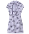 Detailed view of the bow neckline and hollow-out chest design on a polka dot dress - Light Purple Polka Dot