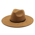 Chapeau fedora classique en daim camel à larges bords avec ruban en cuir noir - Suède / Kaki