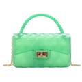Green transparent jelly bag with diamond texture, gold chain strap, and pearl handle - Transparent Green