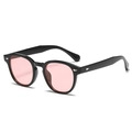 Retro round sunglasses with shiny black frame, pink translucent lenses and silver rivets - Black Frame Ocean Pink (C9)