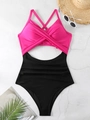 Détail d'un maillot de bain une pièce bicolore avec découpe et encolure croisée licou - S / Haut Et Bas / Noir+Rose Vif