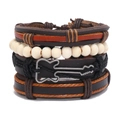 Vintage multilayer leather bracelet set with wooden beads and a metal guitar pendant - Brown