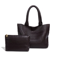 Dark brown hand-woven leather tote set with matching zipper pouch in minimalist retro style - Grape Purple