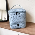 Light blue double-layer nail polish storage bag with black geometric pattern on wood - Blue Stripe