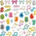 Bunte Stickerei-Aufnäher-Set mit Zahlen 0-9 und Musiknoten auf weißem Hintergrund - Großes Stickerei-Patch-Komplettset