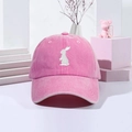 Stylish pink washed cotton baseball cap featuring white rabbit animal embroidery for outdoors - One Size / Pink