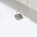 Golden Wishing Tree pendant necklace with sky blue beads and white crystals on thin chain - Gun Black Tree of Life