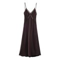 Deep purple satin maxi slip dress with delicate lace patchwork and V-neckline - XS / Coffee