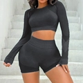 Seamless black fitness set with long sleeve crop top and high waist booty lifting shorts - L / Black
