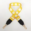 Detail of floral wide shoulder strap with yellow pattern, black leather and gold hooks - Yellow Flowers + Black Leather / Silver Hook