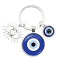 Blue evil eye keychain set with silver eyelash pendant and polished glass charms - Concentric Blue Eye (2)
