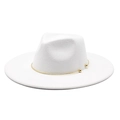 Detail view of white wide-brim wool fedora hat with thin gold metal ball decorative band - M(56-58cm) / White