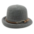 Minimalist grey knit dome bucket hat with brown leather strap and gold metal buckle - M (56-58cm) / Gray