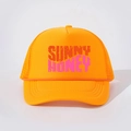 Retro orange trucker hat with Sunny Honeys print and mesh back for breathability - Orange