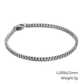 Detalle de la pulsera de cadena box de acero plata de 2,5mm con medidas indicadas - Cadena de Caja de 2.5mm de Ancho (KB126638-Z) / Plateado