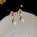 Macro shot of vintage gold flower earrings with purple gemstones and drop pearls - 34# Silver Needle - Gold - Purple - White