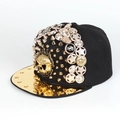 Hip hop snapback hat featuring gold skull, metal spikes and metallic gold brim in black - Punk Skull Style (Black)