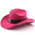 Detail of rose pink suede cowboy hat featuring bull head metal buckle and star rivets - M (56-58cm) / Rose Red