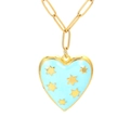 Himmelblaue Emaille-Herz-Halskette mit goldenen Sternen und Büroklammerkette - Hellblau