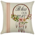 Beige linen square pillow cover with pink stripes and Bless OUR HOME floral dreamcatcher - 18x18 Inch / Bless Our Home Pink Stripes (LYD398-4)