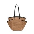 Bolso grande de paja para playa con correas de cuero negro y ribetes para el verano - Caqui