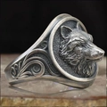 Macro shot of punk style men's silver wolf ring with gothic floral engraving details - US 7 / Antique Silver Wolf Head