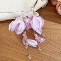 Detailansicht hellvioletter Chiffonblumen-Ohrringe mit Perlen und Kristallquasten - Chiffon-Faltenblumenquaste (54#)